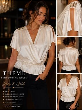 Theme Ivory Satin Surplice Blouse Gold Studded Shoulder size Medium